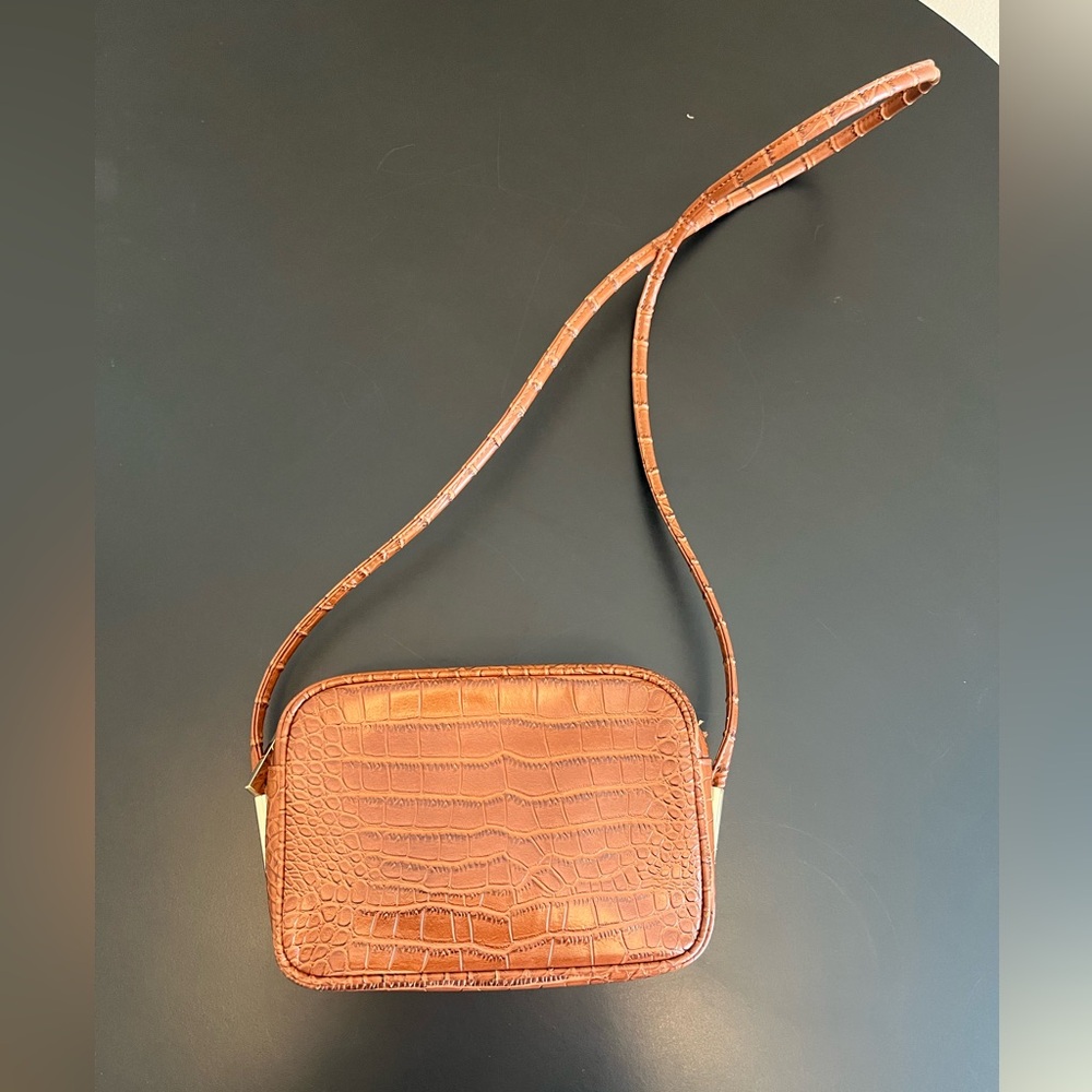 Zara Tan Faux Crocodile-Embossed Crossbody Bag